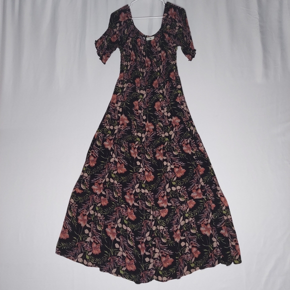 NATURAL LIFE Dresses & Skirts - Natural Life Maxi Dress Large XL Gauze Dark Floral Smocked Ruffle Tier Cottage